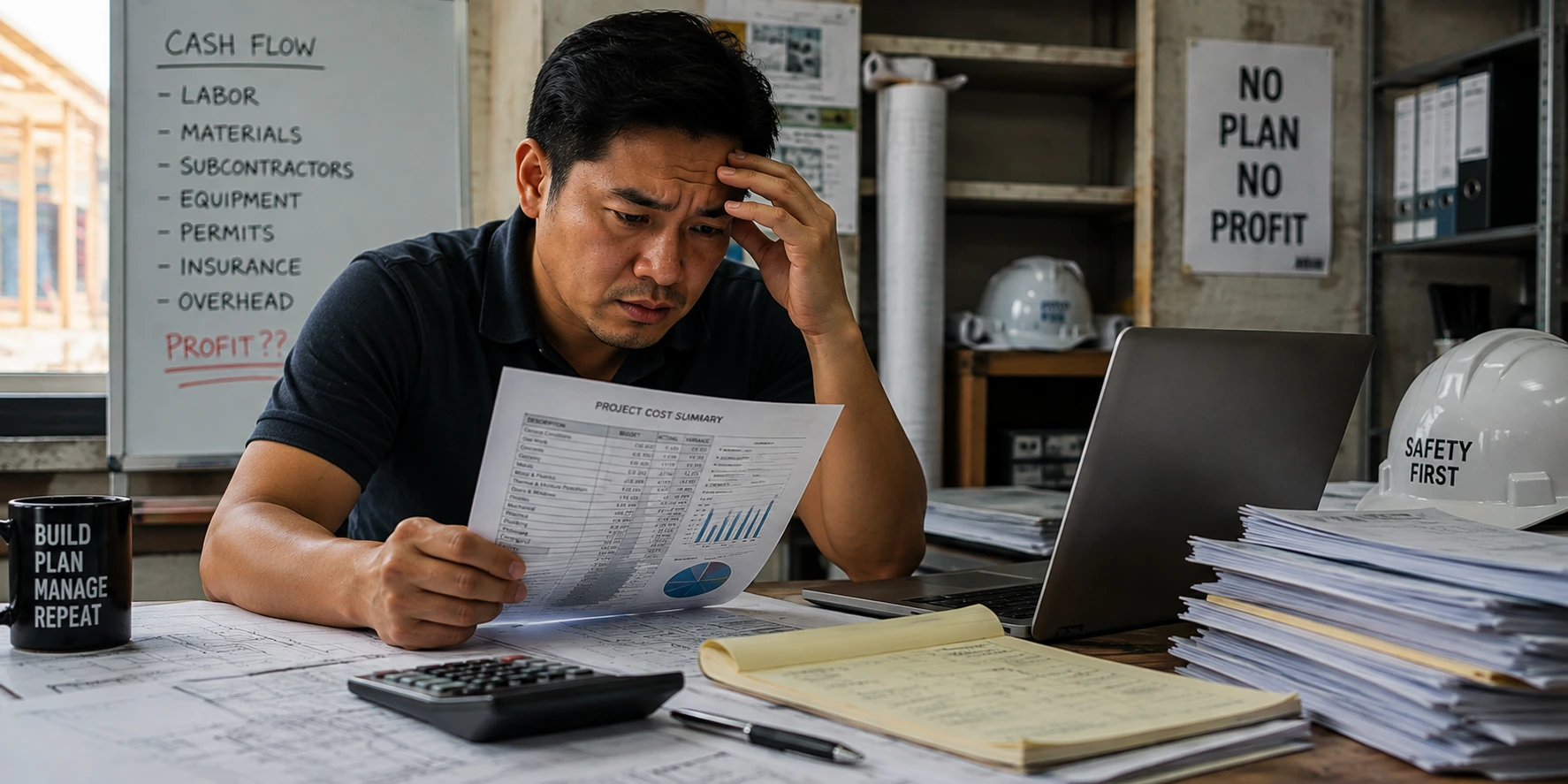 construction owner stressed at desk
