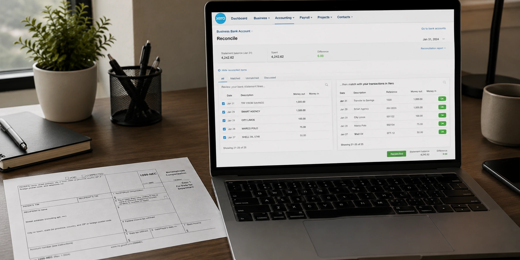reconciling books on xero with a 1099 form next to the laptop
