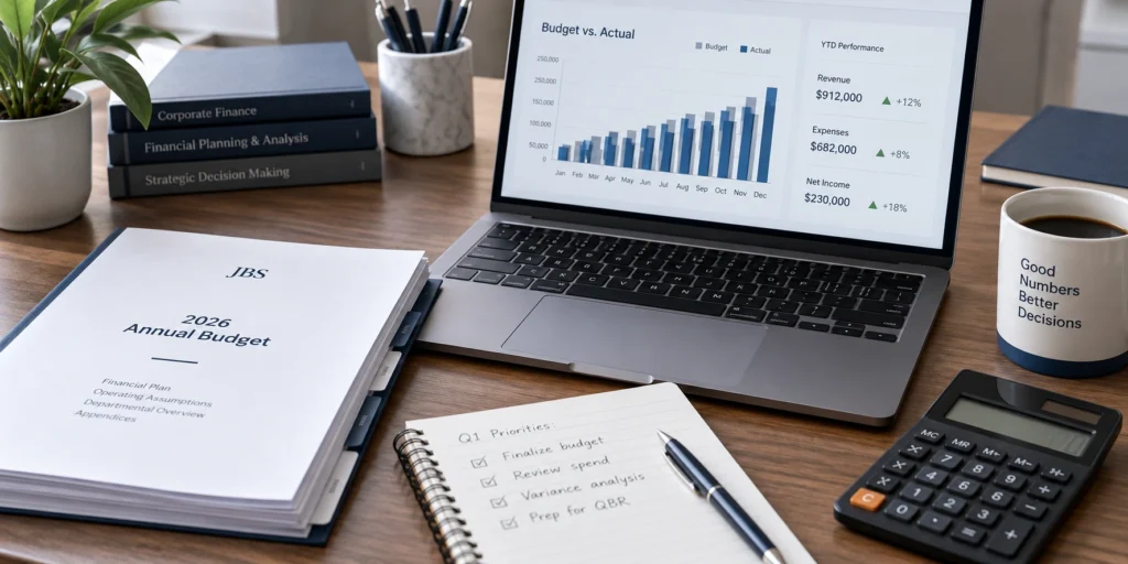 A clean desk scene shot from a slight overhead angle: a laptop open to a simple bar or line chart (budget vs. actual, upward trend), a stack of printed financial reports or a bound budget document beside it, a calculator, and a coffee cup.