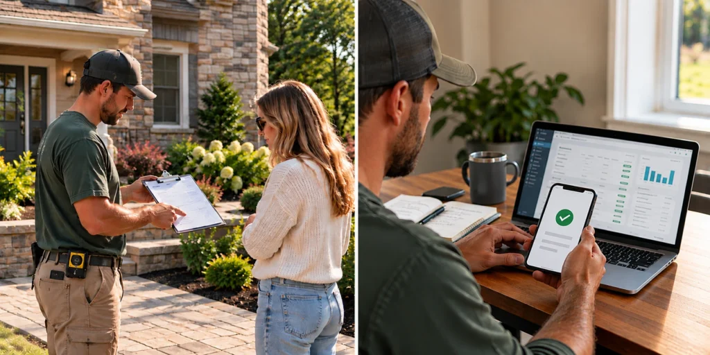 on the left, a landscaper giving the homeowner an invoice. on the right, the landscaper reconciling the transaction